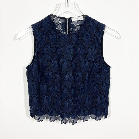 A.L.C. Women Size 0 Adriana Navy Blue Floral Lace Sleeveless Crop Top Shirt - Picture 5 of 13